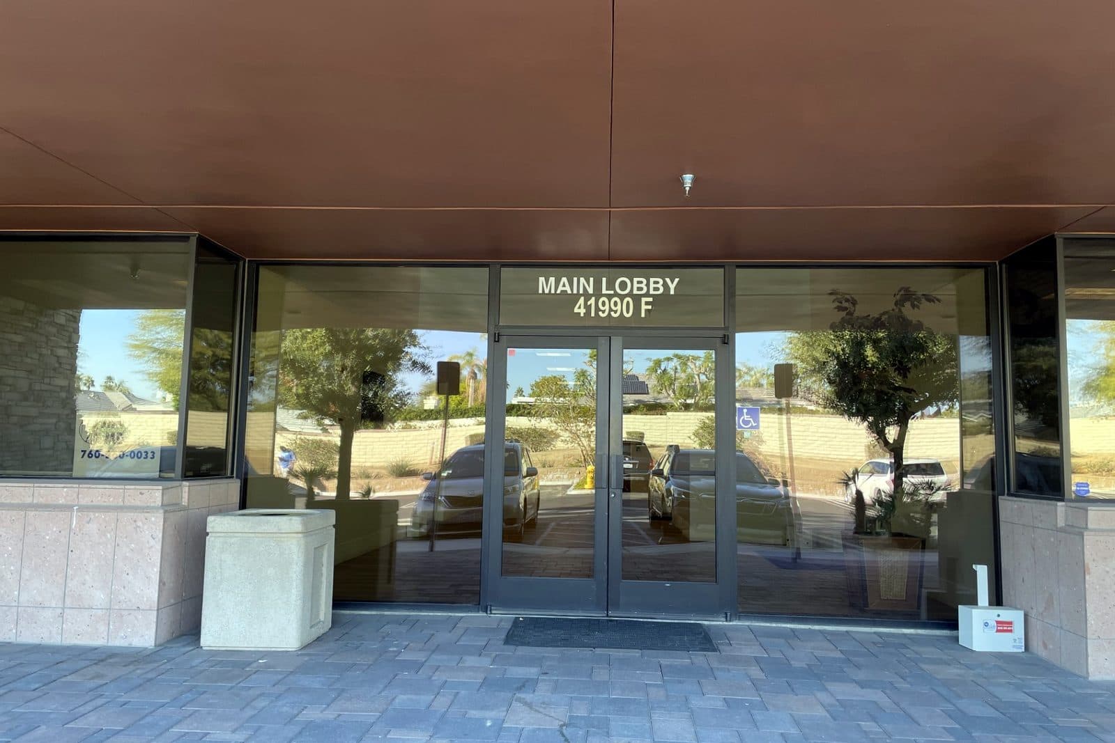 The main lobby entrance on Cook Street in Palm Desert